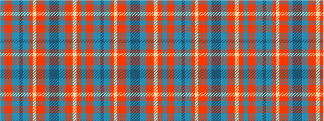 An eye-catching tartan pattern featuring bold orange and vibrant blue interwoven with subtle gray and crisp white lines creating a dynamic and textured textile design.