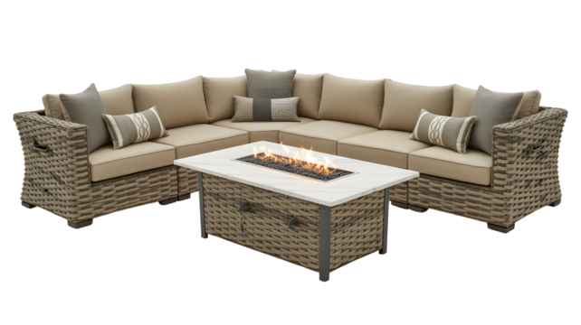 A sectional outdoor sofa with a fire pit coffee table sits waiting for guests, transparent png, isolated.