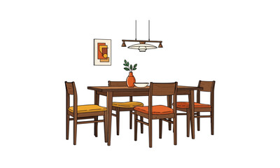 Mid-Century Modern Retro Dining Room Illustration with Wooden Table and Orange Yellow Chairs