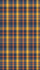 A detailed examination of a traditional tartan pattern featuring dark blue and warm yellow plaid lines with subtle orange undertones creating a visually complex textile design.