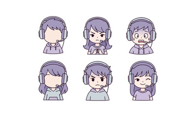 Cute Chibi Female Streamer with Headset and Funny Facial Expressions Illustration