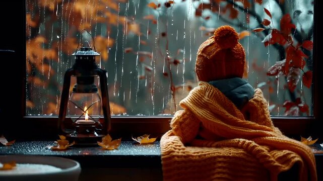A person wrapped in a thick, textured orange blanket sits by a window, their back to the viewer, gazing out at a cascading waterfall. The scene is set against a backdrop of autumnal foliage.