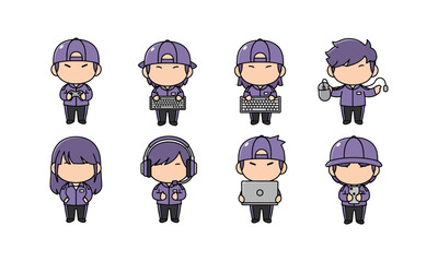 Cute Chibi Gamer Characters in Purple Outfit – Kawaii Illustration for Stickers and Icons