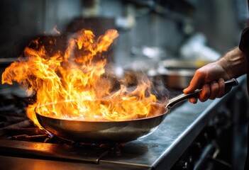 Flaming pan in a busy kitchen
