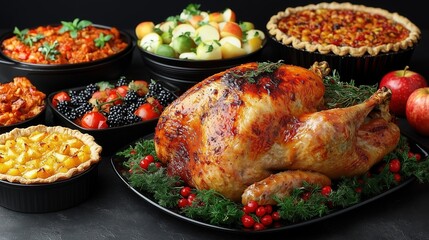 Trendy Thanksgiving Feast Food Photography with Roast Turkey, Pies & Assorted Sides – Ideal for Restaurant Marketing, E-commerce Food Brands