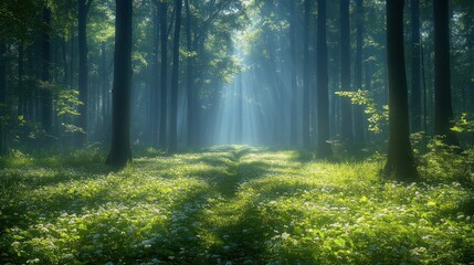 Obraz premium Sunbeams illuminate a mystical forest path, carpeted with wildflowers and shrouded in morning mist.