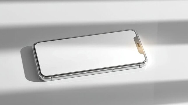 A smartphone with a white screen is lying on a white background. An advertising concept for the sale of smartphones.