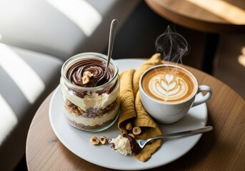 A delicious chocolate dessert in a jar served with a cup of coffee and a crepe on a wooden table, perfect for a cafe or bakery advertisement