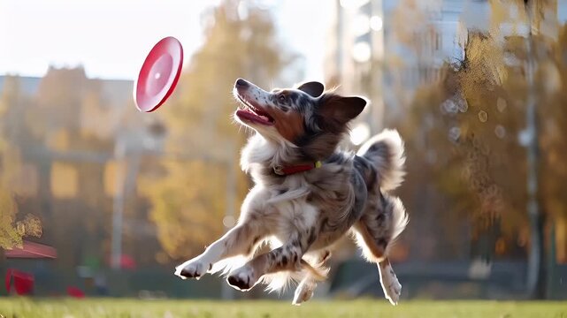 A dog is captured midair, midjump, with a red frisbee in its mouth. The dogs fur is a mix of white and brown, and it appears to be in motion. The background is blurred.