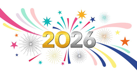 Obraz premium Happy new year 2026 celebration with colorful fireworks and starbursts on a white background
