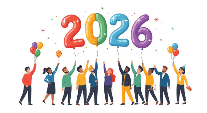 Diverse group of people celebrating the arrival of the year 2026 with colorful balloons and confetti