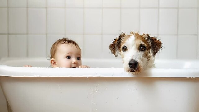 A closeup of a baby and a dog in a bathtub with water droplets on the surface. The baby is looking directly at the camera with a curious expression.