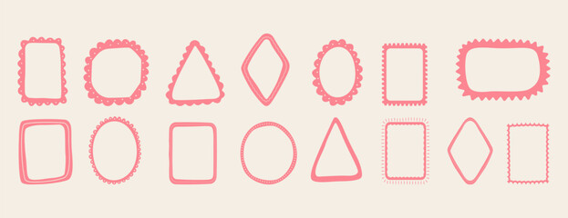 Set of cute hand-drawn pink frames and borders in various doodle shapes.Vector