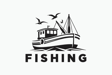 Black silhouette reveals fishing boat sailing with gulls above, complemented by bold FISHING text