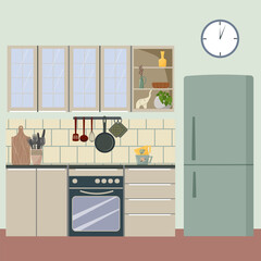 Flat design illustration of a modern kitchen interior with full set of furniture and appliances. House design concept.