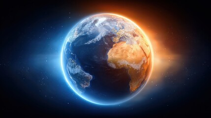 Sustainable carbon reduction concept. A stunning view of Earth from space, showcasing vibrant colors of land and water, representing day and night.