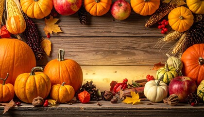 Autumn Harvest Bounty - Pumpkins, Apples, and Rustic Wood Backdrop.