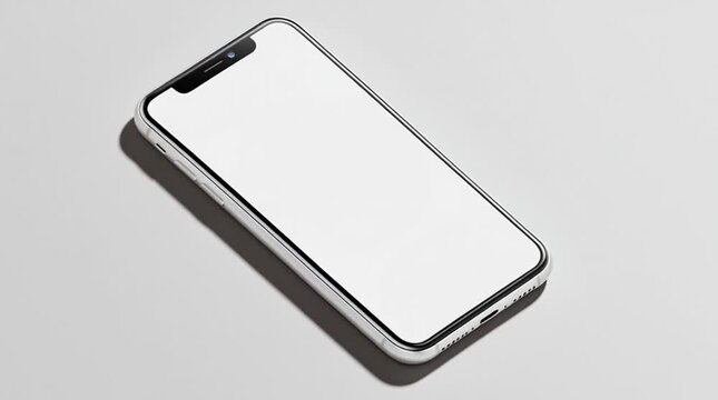 A smartphone with a white screen is lying on a white background. An advertising concept for the sale of smartphones.