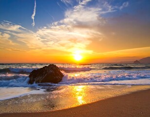 Golden hour at a beach as waves crash near a large rock formation