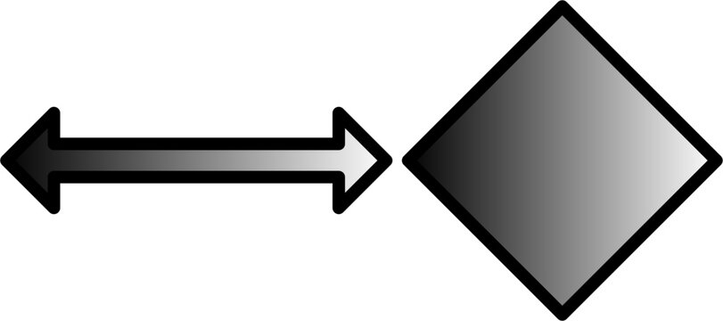 A black and white graphic showing a bidirectional arrow pointing towards a diamond shape with a gradient fill.