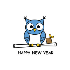 Naklejka premium Blue cartoon owl on scroll with gift and 'happy new year' text