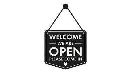 Open welcome sign hanging for business, transparent png isolated.