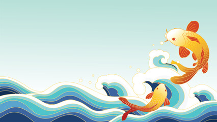 Obraz premium Chinese New Year 2026 vector frame with golden fish and ocean waves — happy elegant design for festive advertising, wallpaper and print media.