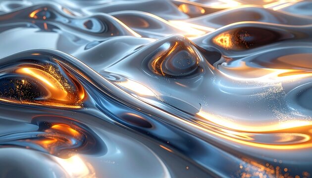 Glossy, abstract metallic surface with vibrant, glowing highlights