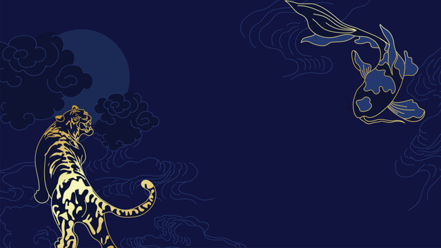 Chinese New Year night vector background with golden tiger, moon and clouds on navy blue sky — elegant oriental design for advertising and festive themes.