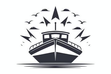 Front view of a fishing boat surrounded by birds and triangular clouds appears powerful