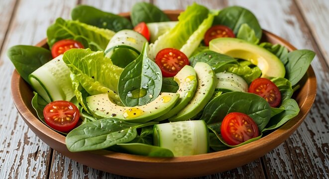 ​Simple Fresh Vegan Green Salad with Avocado, Cherry Tomatoes, Cucumber, and Leafy Greens in a Wooden Bowl (Close-up)