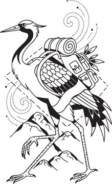 Whimsical Heron Trekker: A Black and White Line Art Illustration