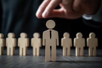 The Ideal Candidate: The hand of an unseen selector chooses a wooden figure representing an ideal candidate from a lineup. Symbolizing recruitment and talent selection.