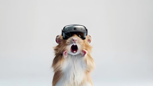 A closeup of a hamster wearing a virtual reality headset. The hamsters fur is a mix of brown and white, and its eyes are closed, giving it a state of alertness.