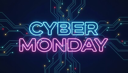 Fototapeta premium Cyber Monday Neon Sign on Dark Teal Studio Backdrop with Circuitry Graphics and Spotlight