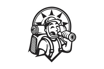 Happy hiker drinks water while backpacking with a compass behind in monochrome style