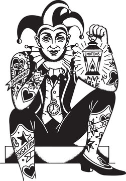 Monochrome Jester with Tattoos Holding a Lantern of Emotions Ill