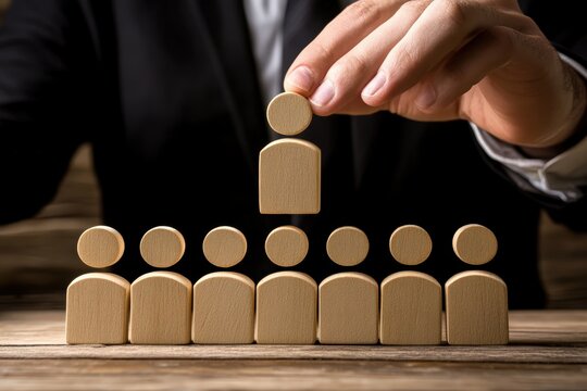 Leadership Concept: An individual places a wooden figure atop a group, representing the concept of leadership, strategy, and direction.