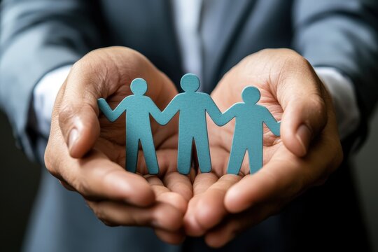 Hands of Support: A close-up shot of a pair of hands cradling paper cutouts of stick figures, conveying a message of support and community. The image symbolizes unity, solidarity.