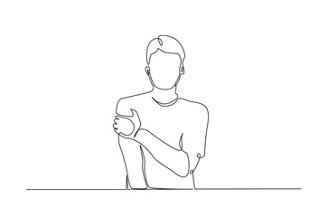 Dislocation of the shoulder in continuous one line drawing. Single line art illustration of Man suffering from pain in shoulder. Editable vector.