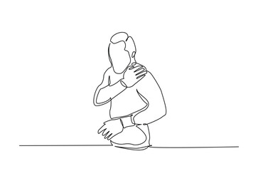 Dislocation of the shoulder in continuous one line drawing. Single line art illustration of Man suffering from pain in shoulder. Editable vector.