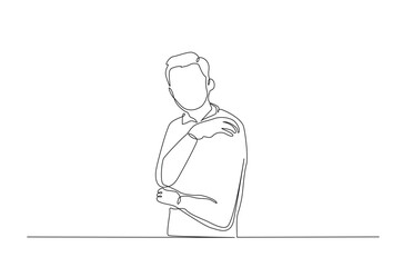Dislocation of the shoulder in continuous one line drawing. Single line art illustration of Man suffering from pain in shoulder. Editable vector.