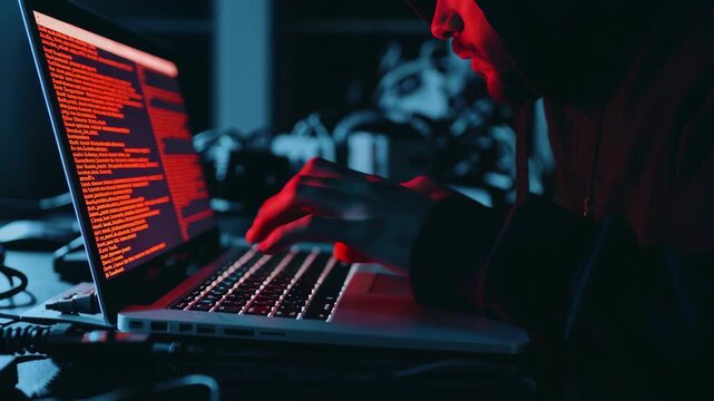 Hooded Hacker Working on Laptop in Dark Room, Cyber Intrusion and Hacking Concept
