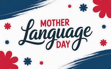 Mother Language Day poster with brush globe and floral border, script 'Language' and bold 'Day', clean white layout ideal for multilingual awareness, schools and community promotion