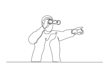 Man spy looking through binoculars in continuous one line drawing. Single line art illustration of Man observe with binoculars. Editable vector.