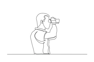 Man spy looking through binoculars in continuous one line drawing. Single line art illustration of Man observe with binoculars. Editable vector.