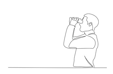 Man spy looking through binoculars in continuous one line drawing. Single line art illustration of Man observe with binoculars. Editable vector.