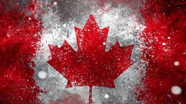 A red maple leaf on a splattered, grunge-style backdrop of white and red