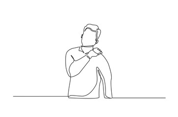 Dislocation of the shoulder in continuous one line drawing. Single line art illustration of Man suffering from pain in shoulder. Editable vector.