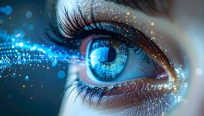 An extreme close-up of a vibrant blue eye with a digital data stream overlay and glittering particles, symbolizing technology, AI, vision, data analysis, and futuristic cybernetics.